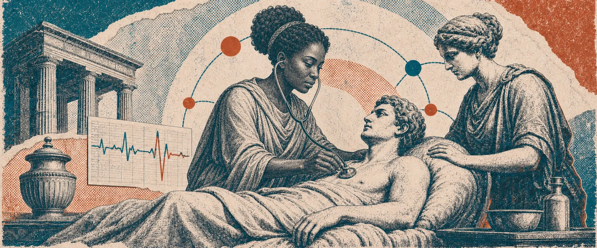 Druckgravur zum Thema Gesundheit und Versorgung.