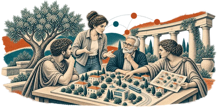 Vier Menschen in heutiger und klassisch griechischer Kleidung besprechen ein Stadtmodell, dargestellt mit kräftigen Petrol- und Terrakotta-Akzenten und rauer Drucktextur.