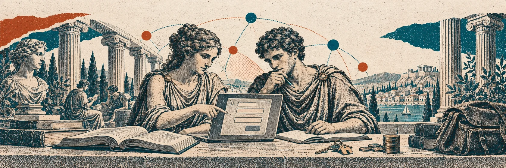 Zwei Studierende in griechischen Gewändern am Laptop; daneben Bücher, Wohnungsschlüssel und Münzen.