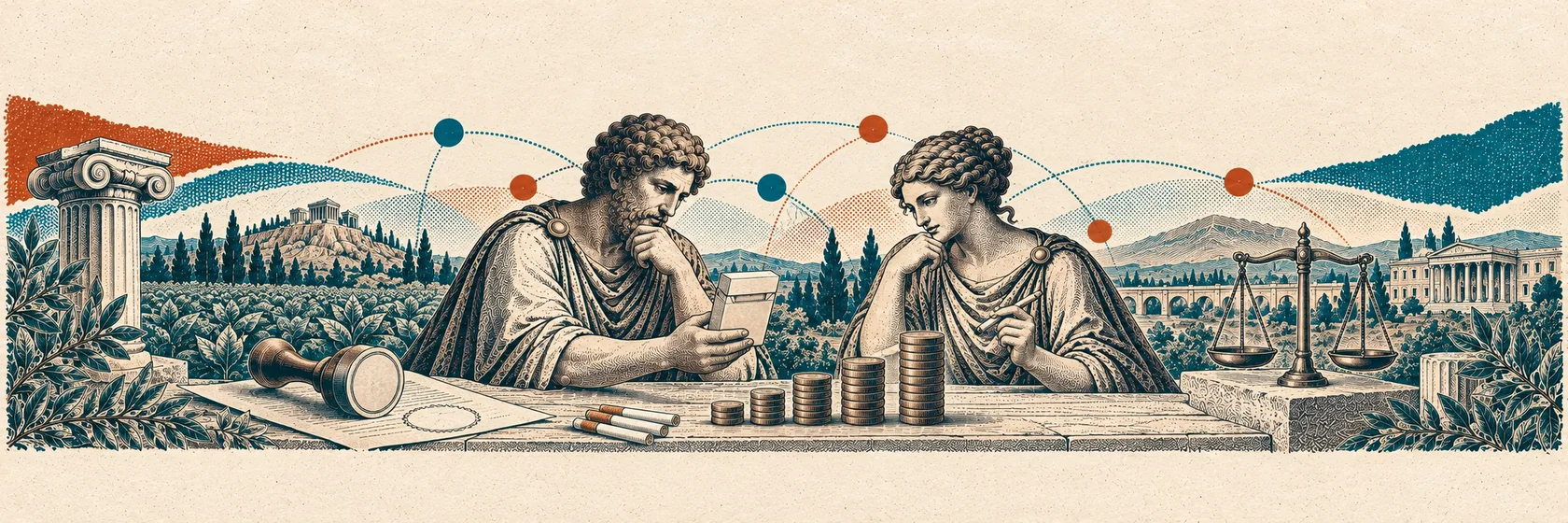 Griechisches Gesprächspaar untersucht eine unbeschriftete Zigarettenschachtel, ein Steuersiegel und ansteigende Münzstapel.
