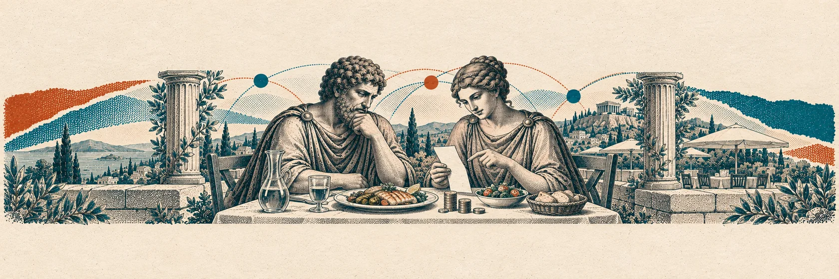 Zwei griechische Figuren prüfen Restaurantessen, Getränk, Beleg und Münzstapel.