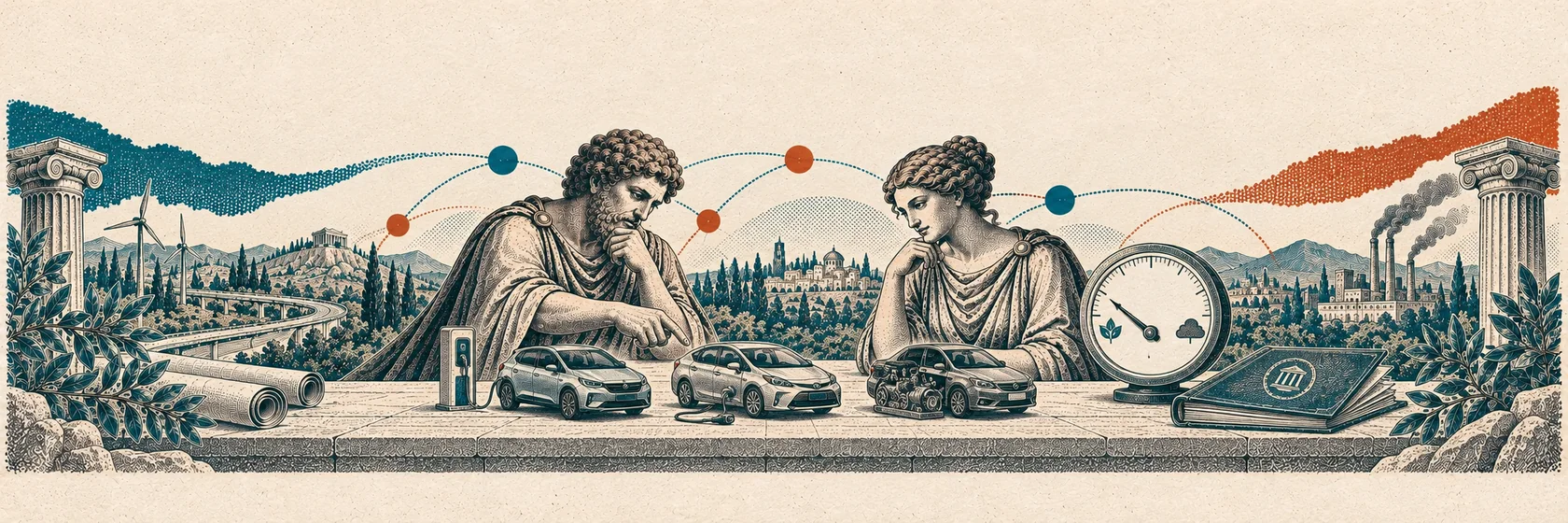 Griechisches Gesprächspaar vergleicht Elektroauto, Hybrid und Verbrenner neben einer Emissionsanzeige und einer Regelungsakte.