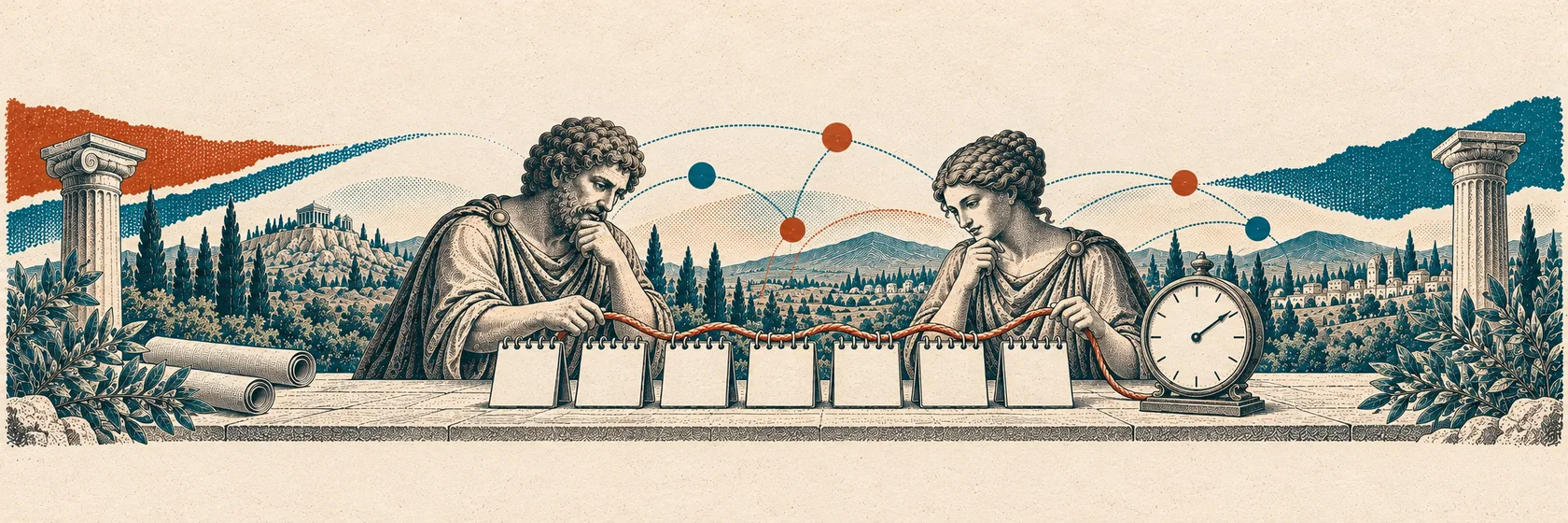 Griechisches Gesprächspaar ordnet sieben Tagesfelder und eine flexible Schnur neben einer Uhr.