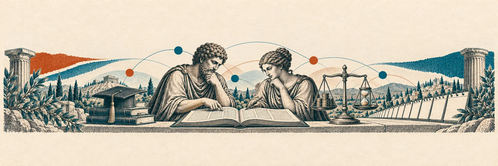 Two Greek figures examine a student loan ledger beside graduation books, coins and an hourglass.