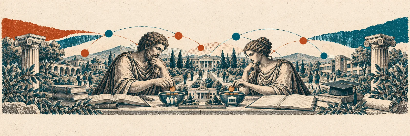 Greek discussion partners examine college textbooks, tuition funding bowls and a community college model.