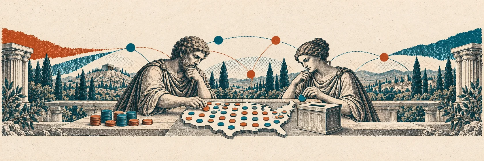 Two Greek thinkers examine equal ballot counters on a United States map beside a ballot box.