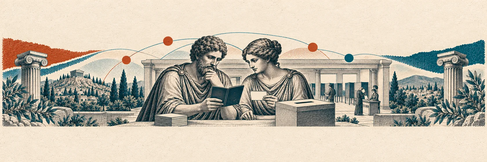 Two Greek figures review identity documents beside a ballot box and polling booths.