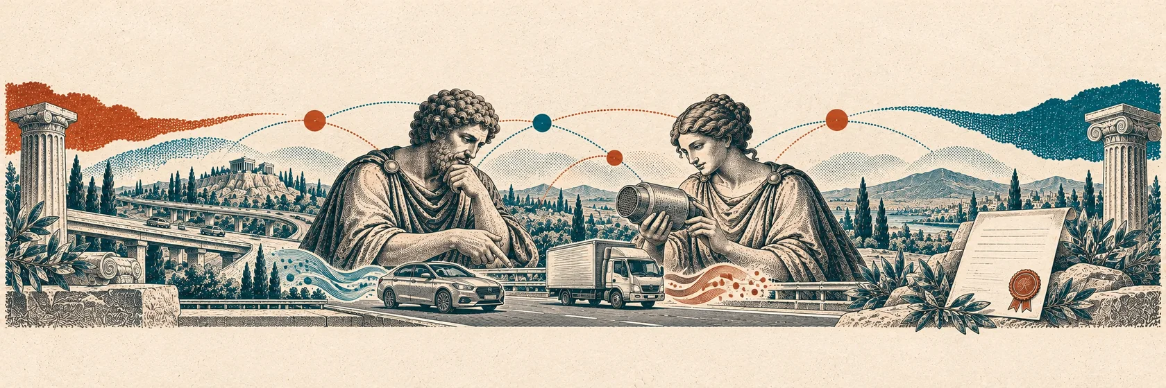 Greek discussion partners inspect car and truck models, an exhaust filter and a blank regulatory document.