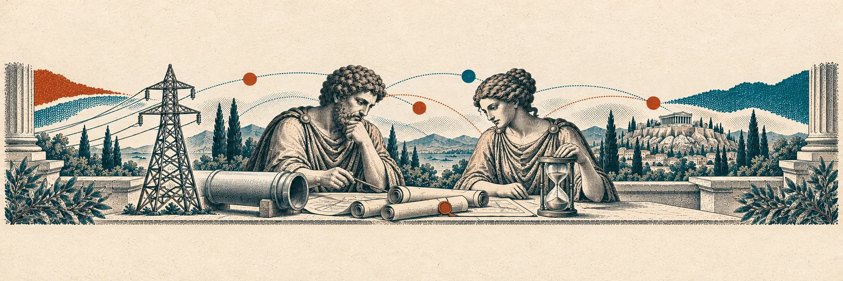 Two Greek thinkers examine an electricity pylon, pipeline segment, permit scrolls and an hourglass.