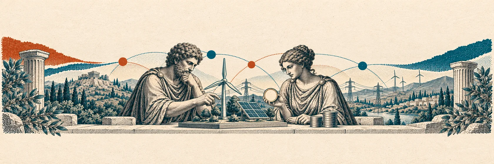 Two Greek figures examine solar panels, a wind turbine and coins for clean electricity incentives.