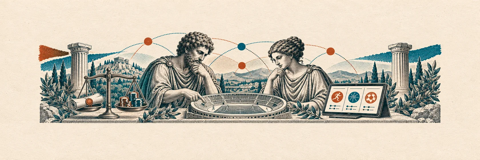 Two Greek figures examine a sports arena, betting tokens and a digital event-contract terminal.