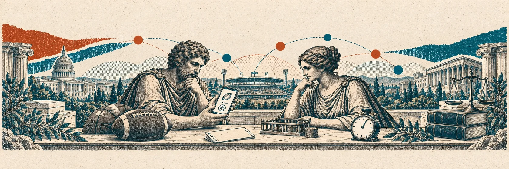 Greek discussion partners examine a sports betting phone, a blank ticket, a gated coin tray and a timer.