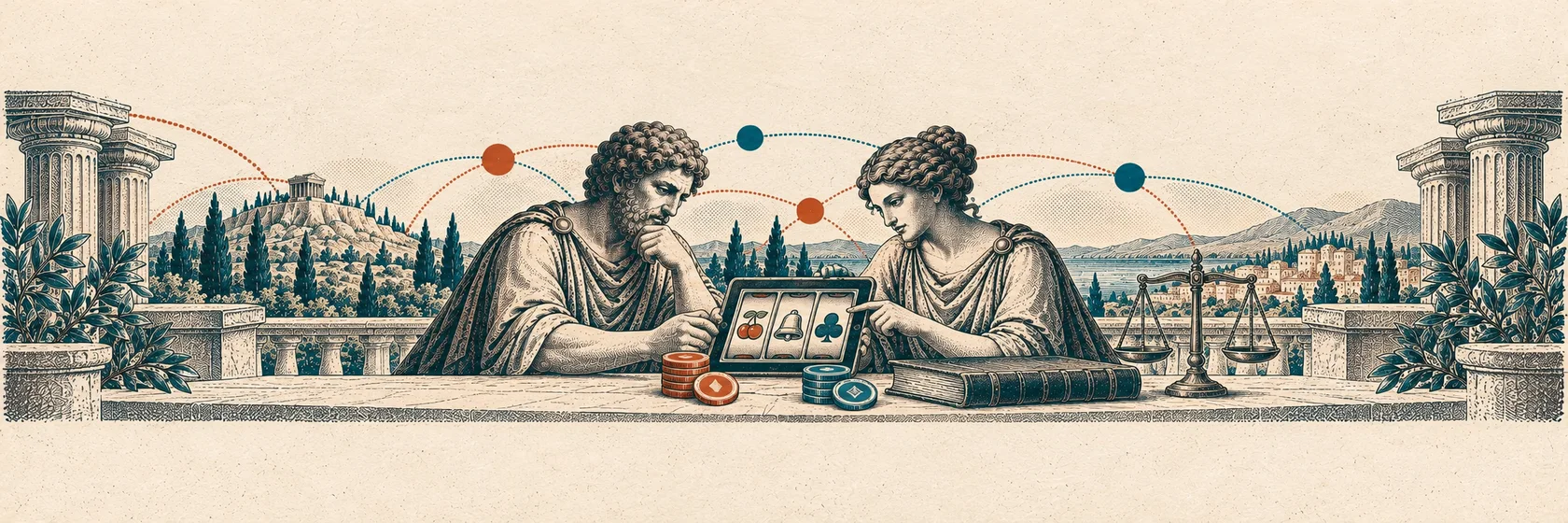 Two Greek thinkers examine an online casino tablet, two types of tokens and a legal ledger.