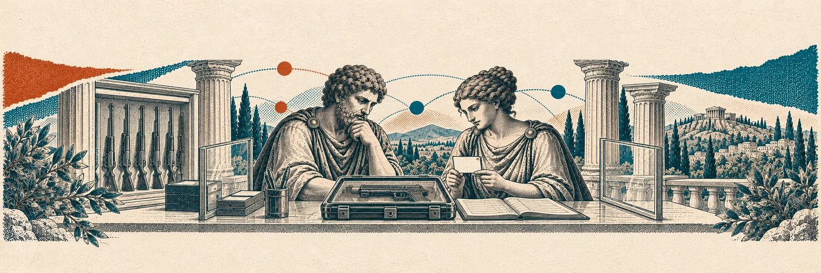 Two Greek thinkers examine a secured firearm case, identification card and transfer ledger.