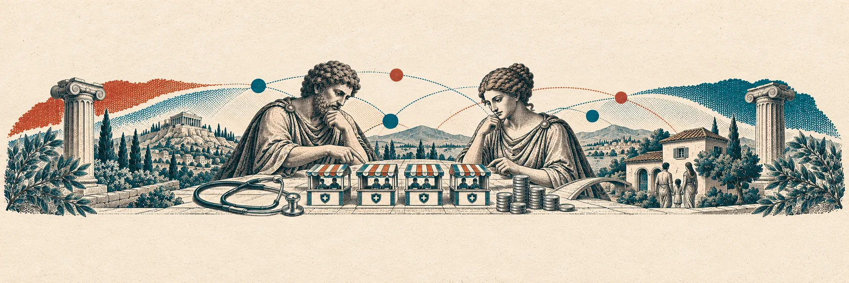 Two Greek figures examine health-insurance stalls, coins and a family home model.