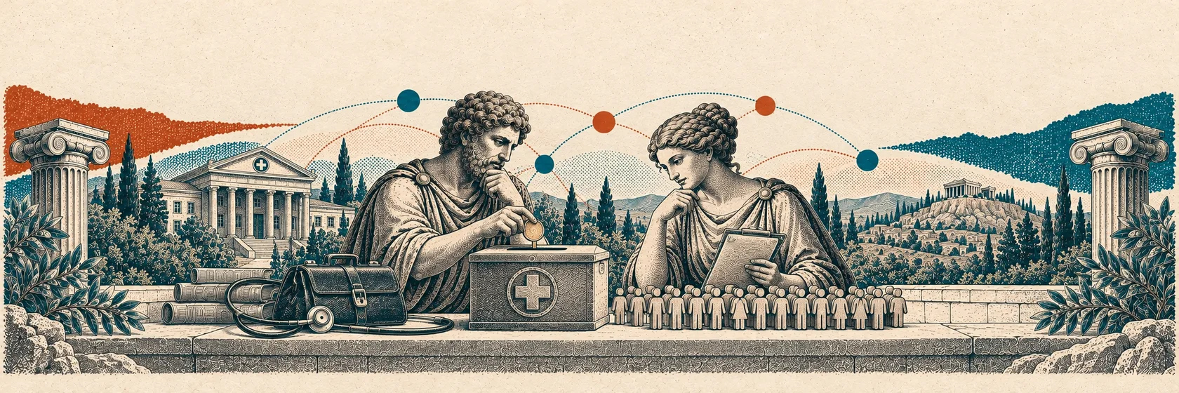 Two Greek thinkers examine a shared healthcare fund, hospital model and identical person counters.