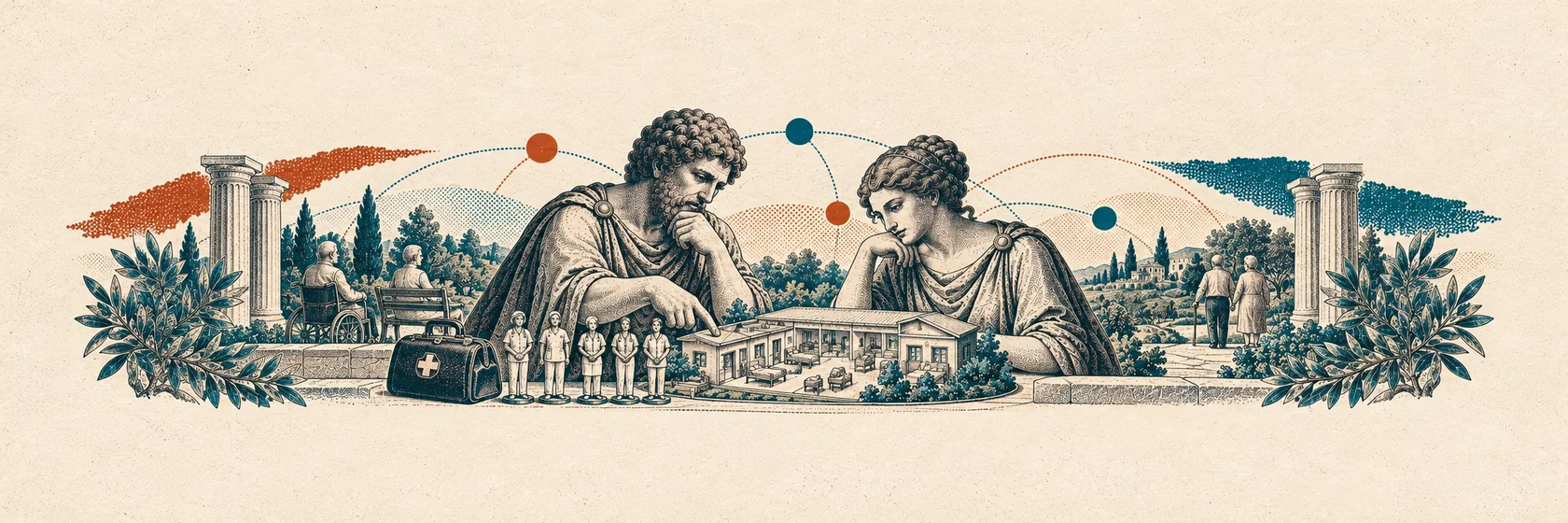 Two Greek figures review a nursing-home model, care equipment and staff figures.