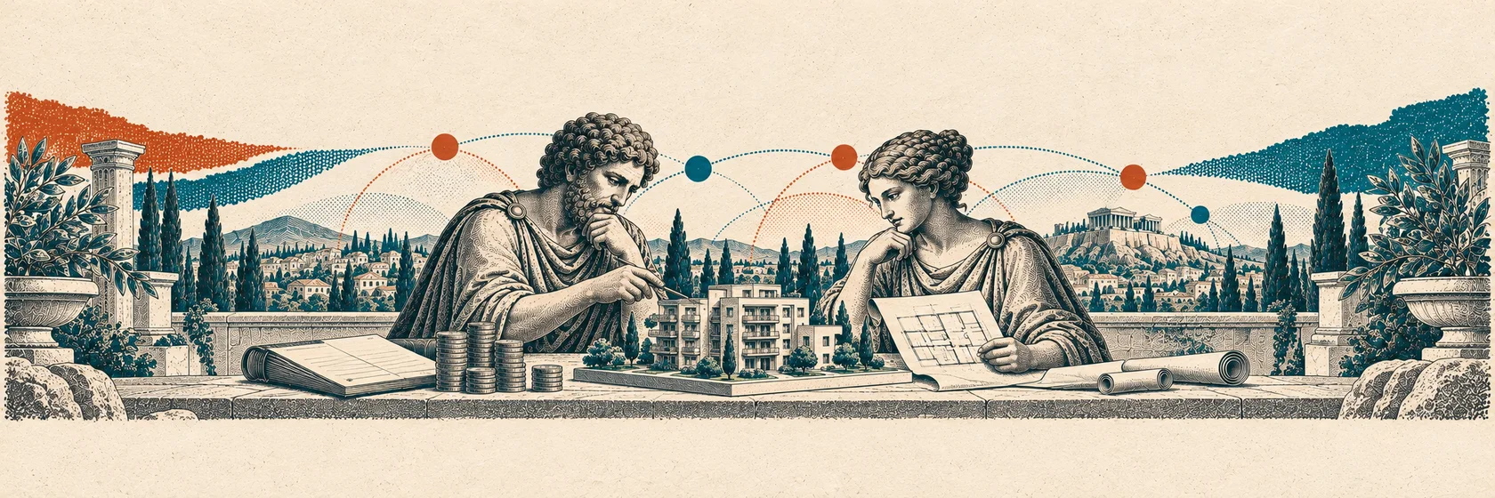 Two Greek thinkers examine an affordable apartment model, building plans, coins and a tax ledger.