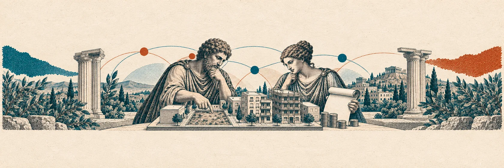 Two Greek figures inspect urban infill housing, renovation scaffolding and an approval scroll.
