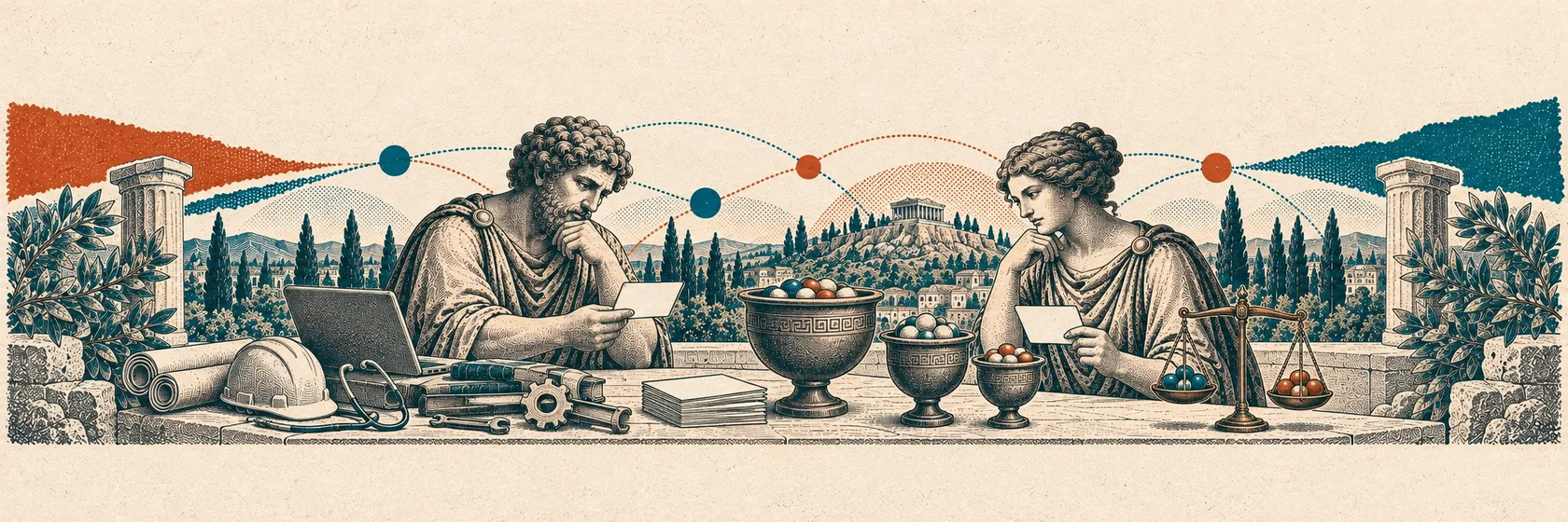 Two Greek thinkers compare professional tools, work permit cards and weighted lottery vessels.