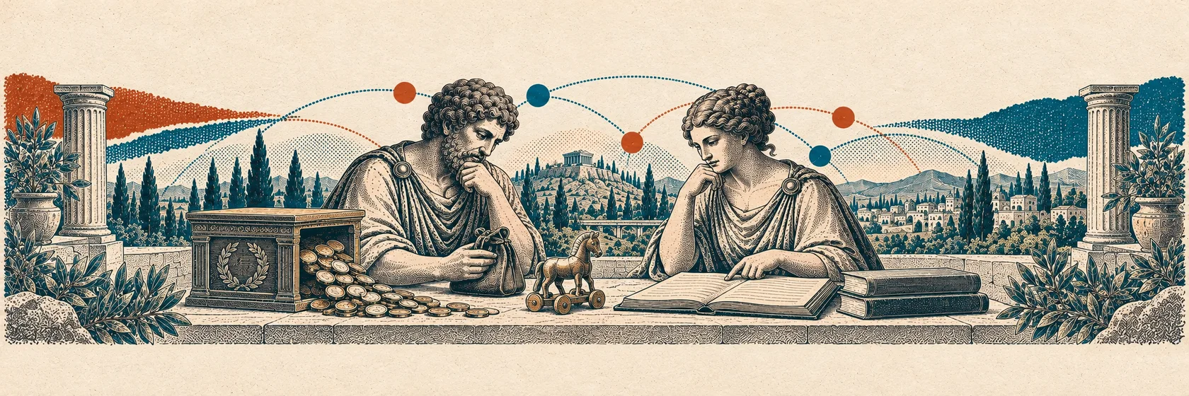 Two Greek thinkers examine a family purse, child's toy and tax ledger with coins paid from a public fund.