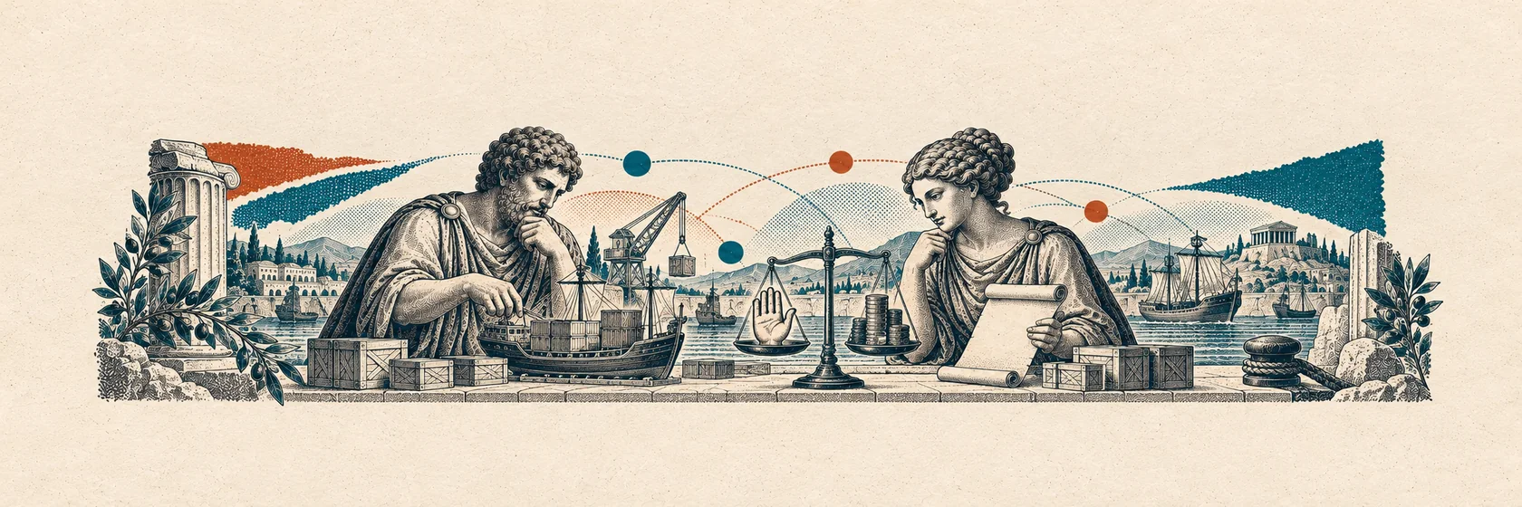 Two Greek figures inspect a cargo ship, port crates and a customs scroll.