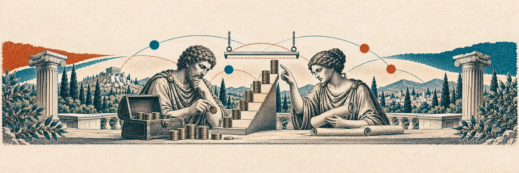 Two Greek thinkers examine a pension fund, wage ladder and coins above a removable contribution ceiling.