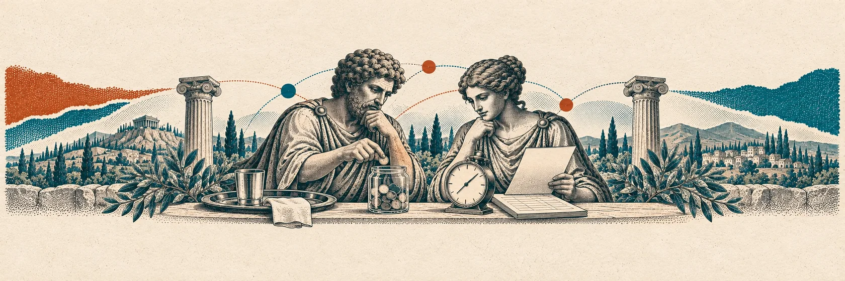 Two Greek figures examine a tip jar, earnings sheet and work clock.