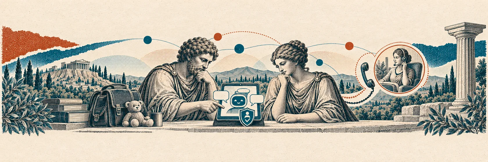 Greek discussion partners inspect a chatbot tablet, an age gate and a telephone connection to a human counsellor.