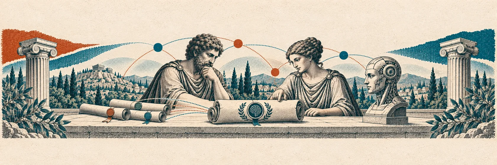 Two Greek thinkers compare several law scrolls with one federal scroll beside a mechanical AI head.