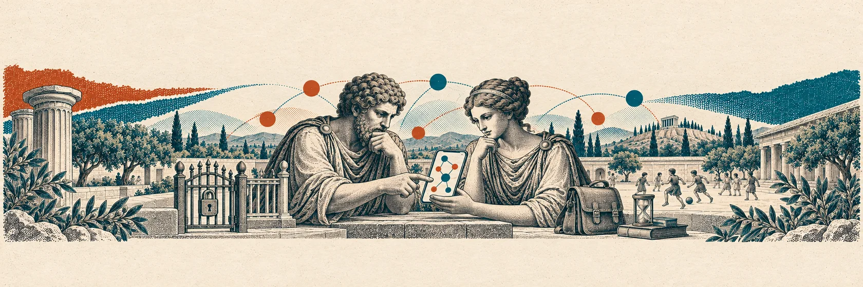 Two Greek figures examine a social-media phone, protective gate and school satchel.