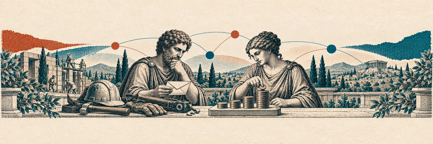 Two Greek thinkers examine work tools, a wage envelope and coins supported by a raised wage floor.