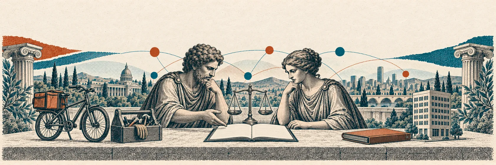 Two Greek figures compare a courier bicycle, a toolbox, a blank work contract and an office model.