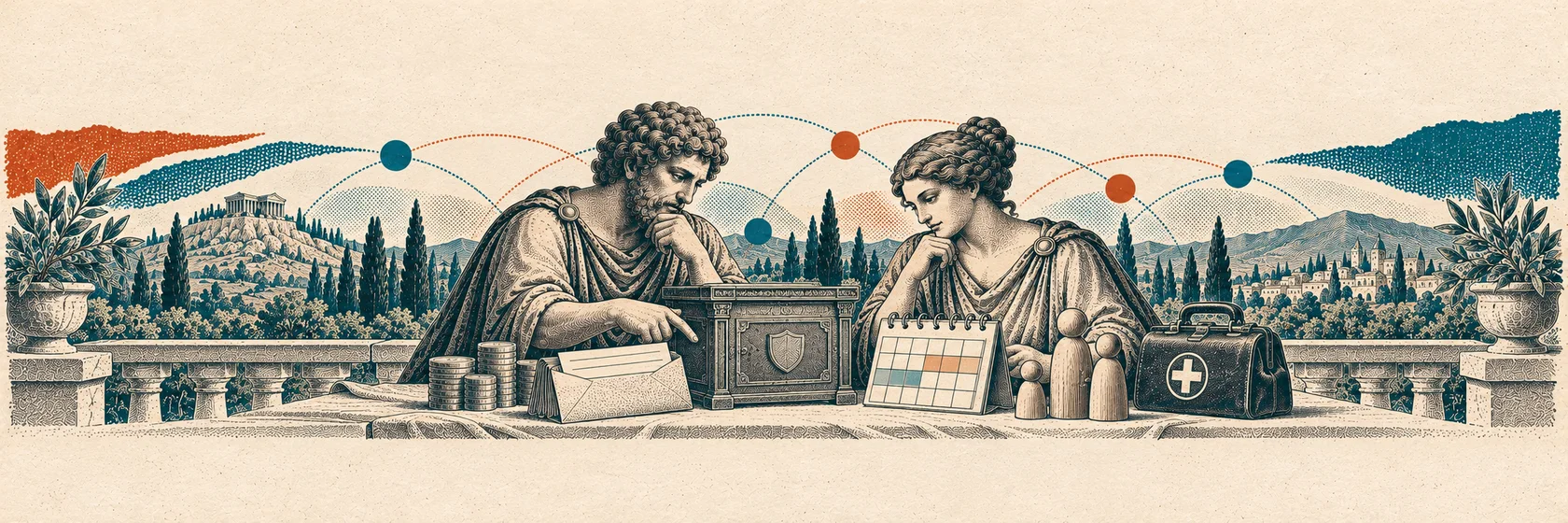 Two Greek thinkers examine an insurance fund, wage envelope, leave calendar and parent-and-child figures beside a medical bag.