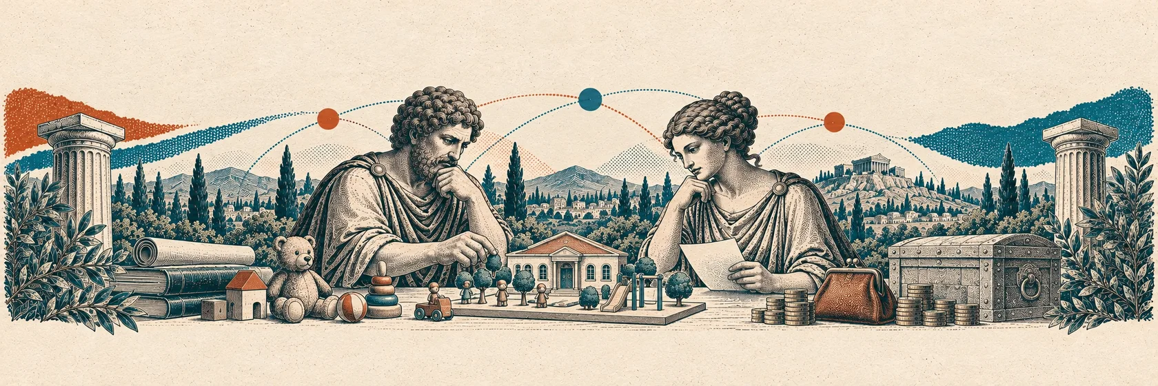 Two Greek thinkers examine a preschool model, nursery toys, a family purse and a public funding chest.